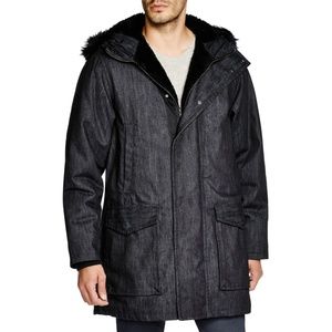 Marc Jacobs denim trench coat with fur hood.